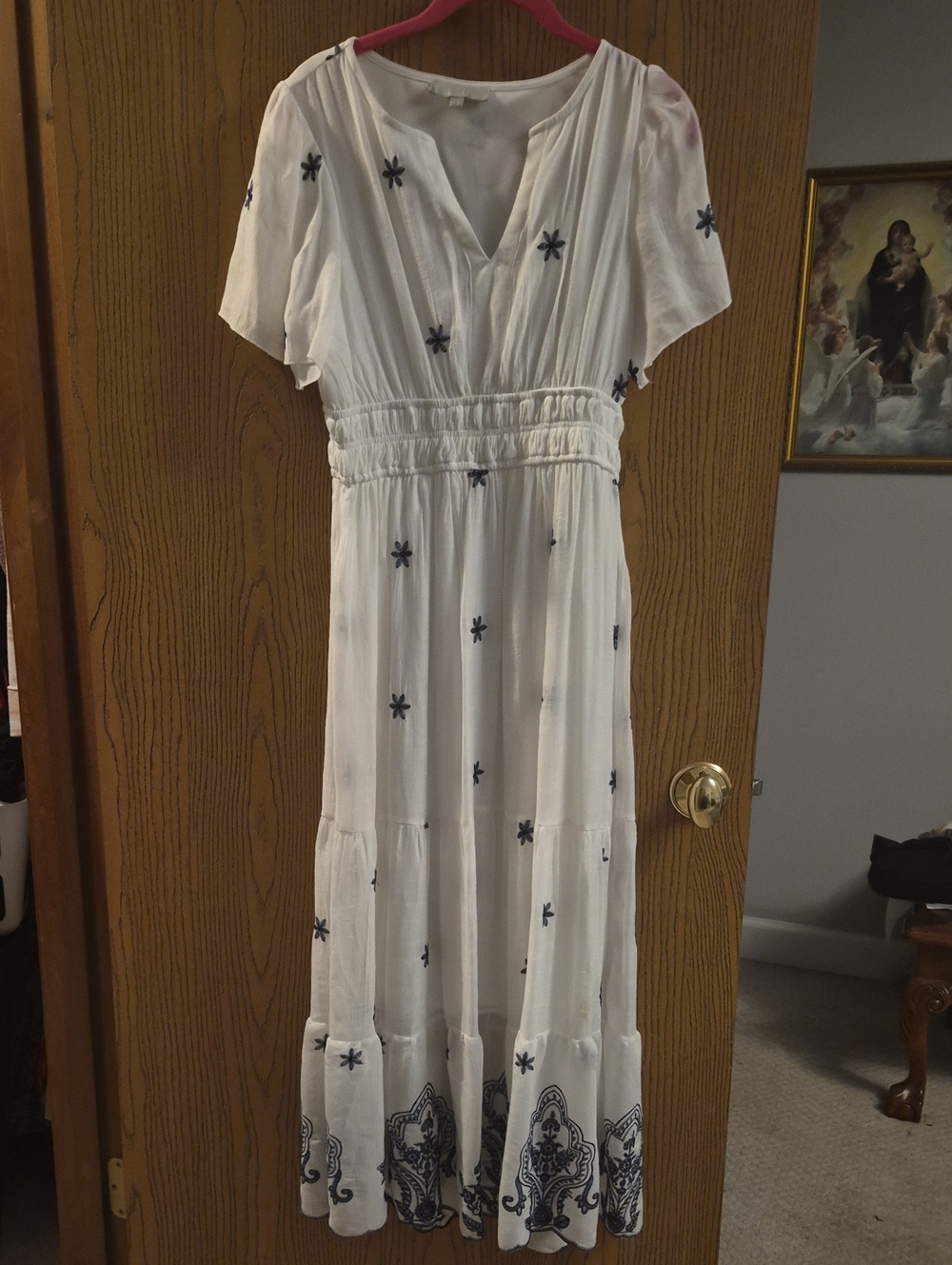 White Maxi Dress with Navy Embroidery
